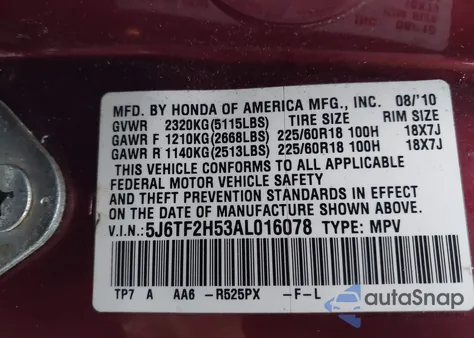 2010 Honda Accord Crosstour Ex-L from USA, damaged, VIN 5J6TF2H53AL016078